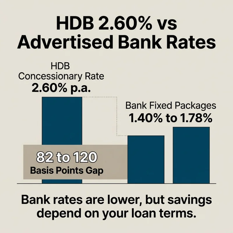 Advertised bank fixed packages range from 1.40% to 1.78%, creating a rate gap of 82 to 120 basis points against HDB's 2.60% p.a.