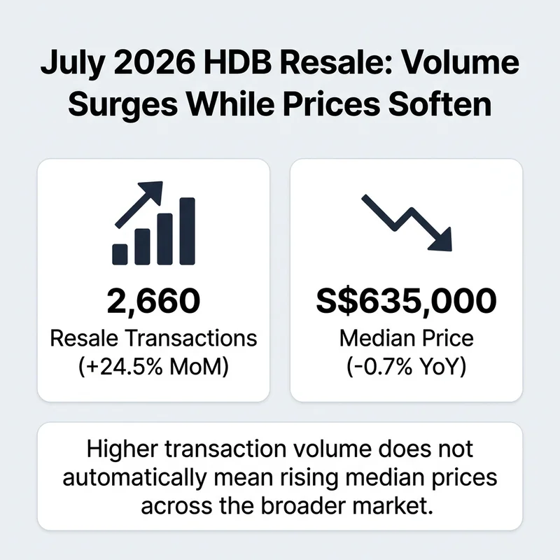 July 2026 HDB resale volume surged to 2,660 units while median prices edged down 0.7% year-on-year to S$635,000.