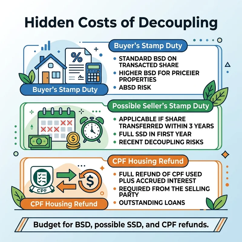 Decoupling incurs BSD, possible SSD, financing charges, and CPF housing refunds.