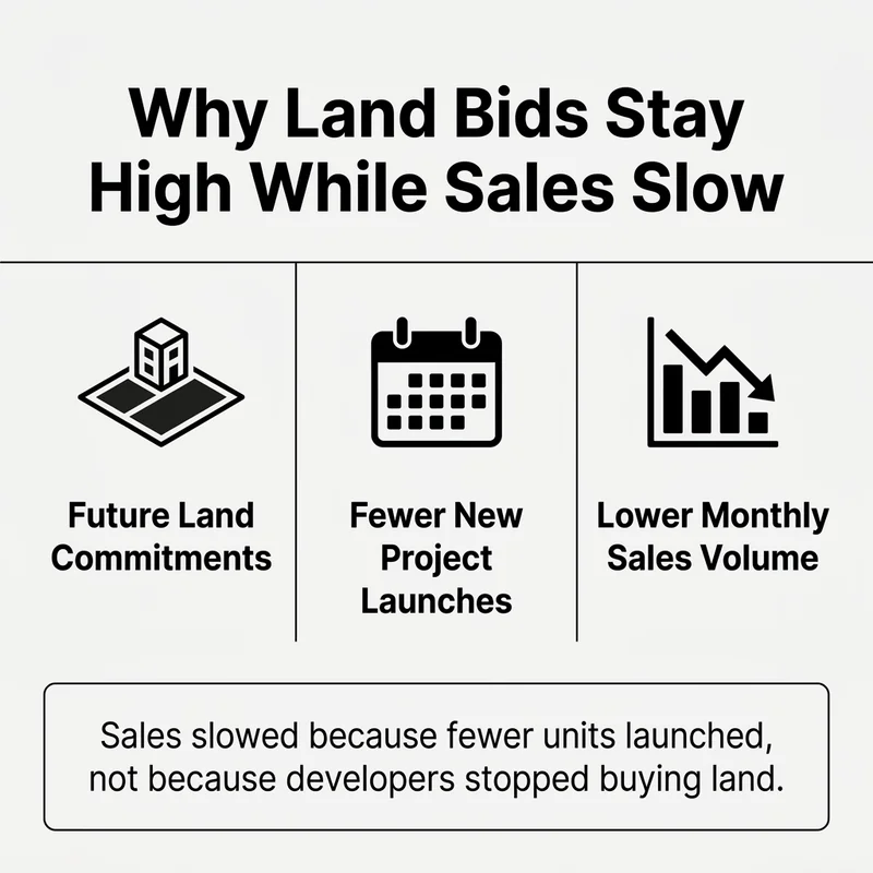 Land tenders and monthly sales run on different timelines, and a quieter sales volume often reflects fewer new project launches rather than weaker demand.