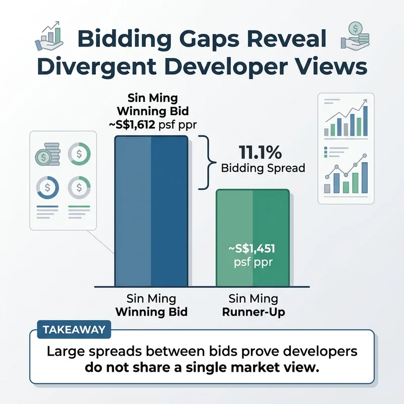 Large spreads between winning bids and runner-up bids show that developers hold very different views on land value rather than agreeing on a market-wide price.